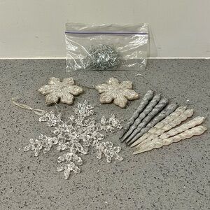 Bundle of Silver and Clear Snowflake and Icicle Christmas Holiday Ornaments Set